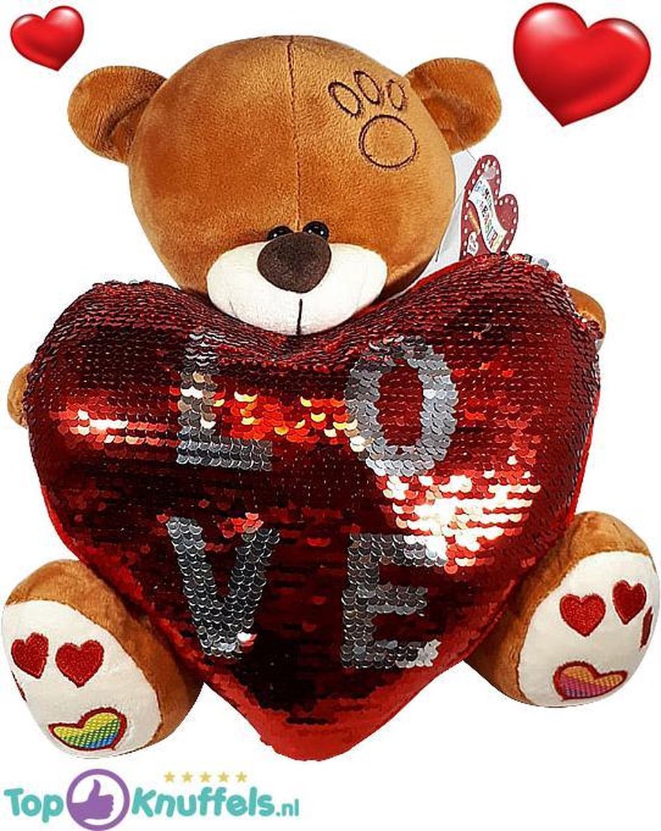 Bruine Teddybeer met glitter hart LOVE 32 cm | knuffelbeer pluche knuffel love beer | Ik Hou Van Jou / I Love You bear | Beertje met hart liefde | Baby plush beer met hartje 32cm